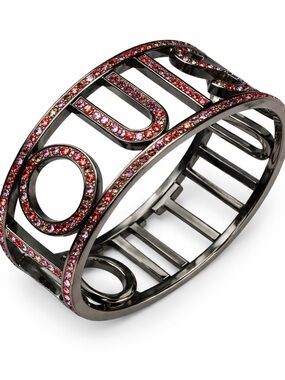 Rare Louis Vuitton Dark Gunmetal Openwork Bracelet with Red and Pink Crystals